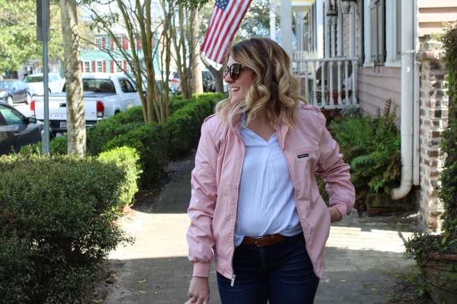 Savannah Mom Blogger, Being Mrs. Fowler, styles a Members Only Jacket, mom style, teacher style, modest style, casual outfit